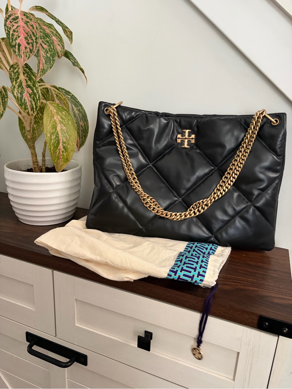 Tory Burch Kira Chevron Black Quilted Leather Chain Tote Bag